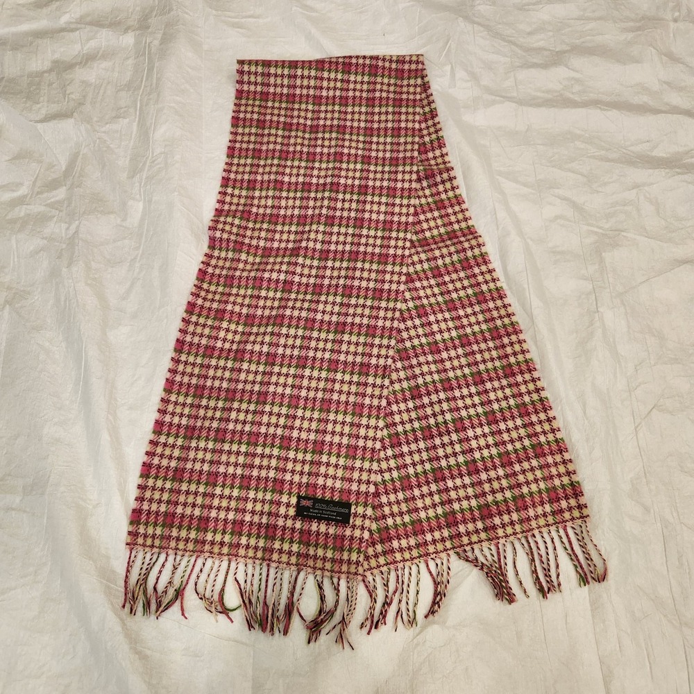 100% Cashmere Scarf Made in Scotland Pink Green Houndstooth Check Plaid Soft LUX